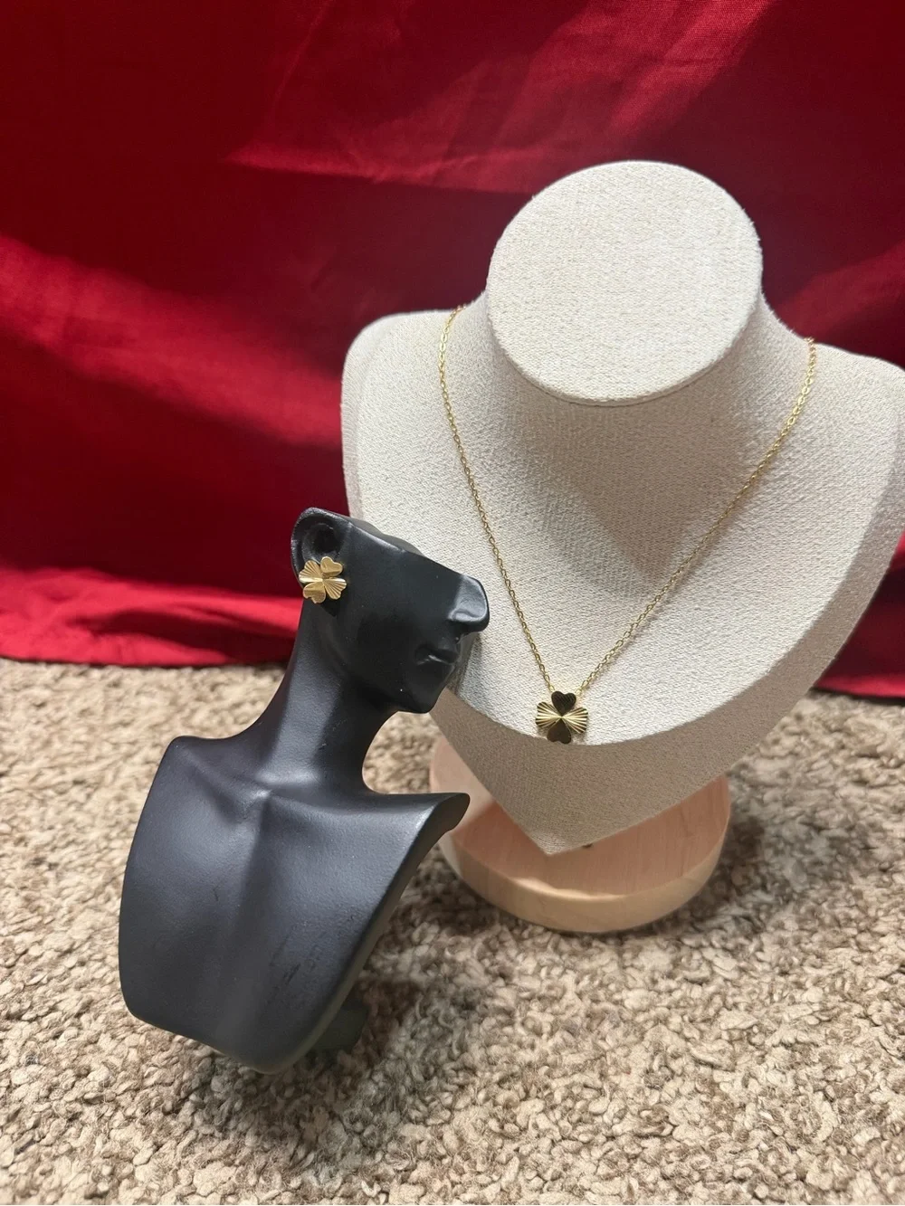 Gold Clover Pendant Necklace and Stud Earrings Set